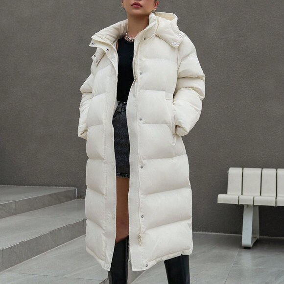 Beige Casual Women's Zipper Front Hooded Thick Padded Coat - Picture 3 of 5